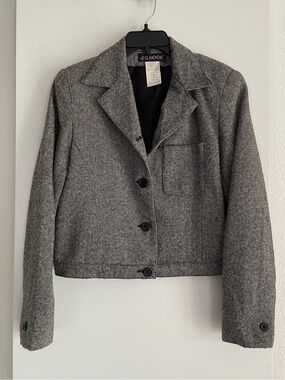 JG Hook Pure Wool Tweed Blazer Preppy Dark Academia Lined Cropped Grey/Brown